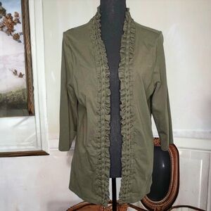 Coldwater Creek Open Front Olive Green Ruffled Long Jacket L